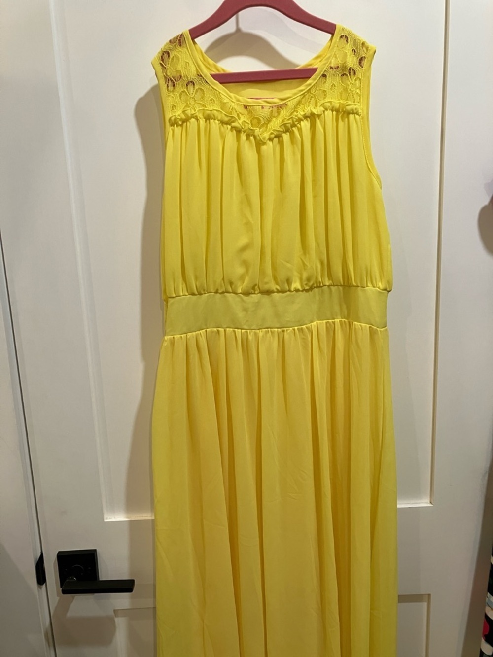 Bright Yellow Sleeveless Maxi Dress with Lace trim at neckline
